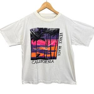 Vintage Venice Beach Single Stitch Tee Shirt Off White Palm Tree Sunset Print